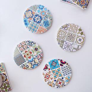 北欧咖啡杯垫复古花砖圆形水杯垫茶杯隔热垫烫金陶瓷杯垫保护桌面