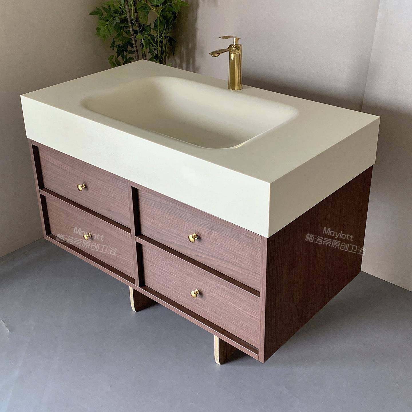 中古风岩板热弯无缝一体盆橡木浴室柜组合化妆室可丽耐洗漱台定制