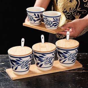 手绘青花陶瓷缸有盖复古风调料缸家用大号带盖猪油罐杂粮罐辣椒瓶