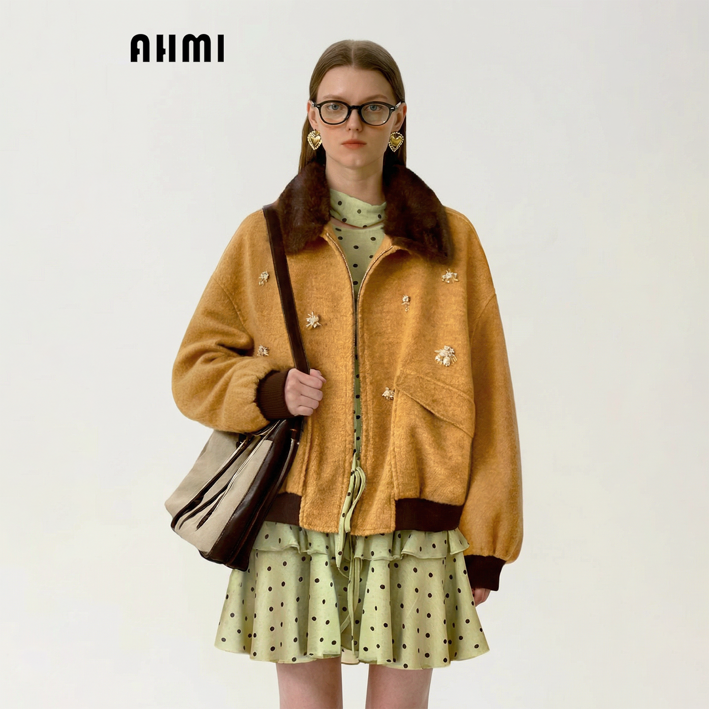 AHMI“复古美拉德”钉珠翻领毛领外套女冬季毛呢宽松慵懒风派克服,女装/女士精品,短外套,淘宝优惠券,粉丝福利购,淘宝优惠卷