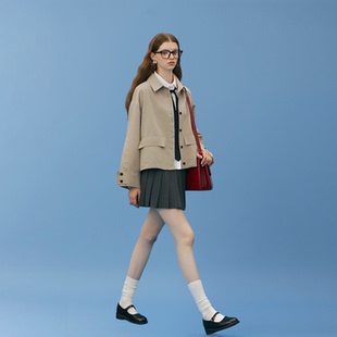 AHMI“迪木尔风”卡其色复古短款工装外套女2025新款翻领夹克风衣