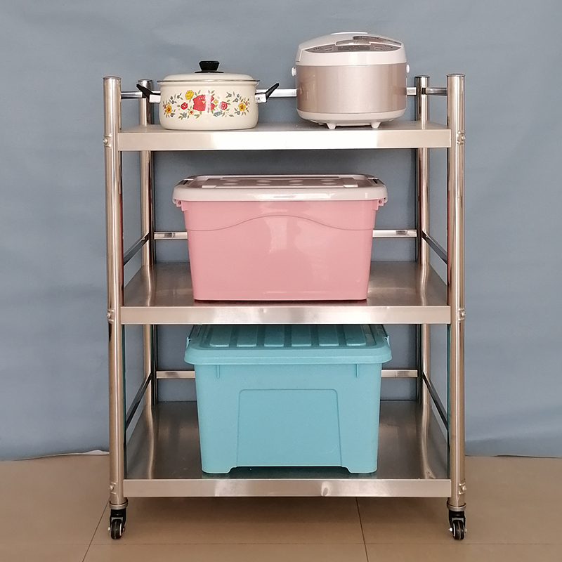 带轮不锈钢厨房置物架可推拉锅灶台架橱柜三层移动微波炉收纳架柜