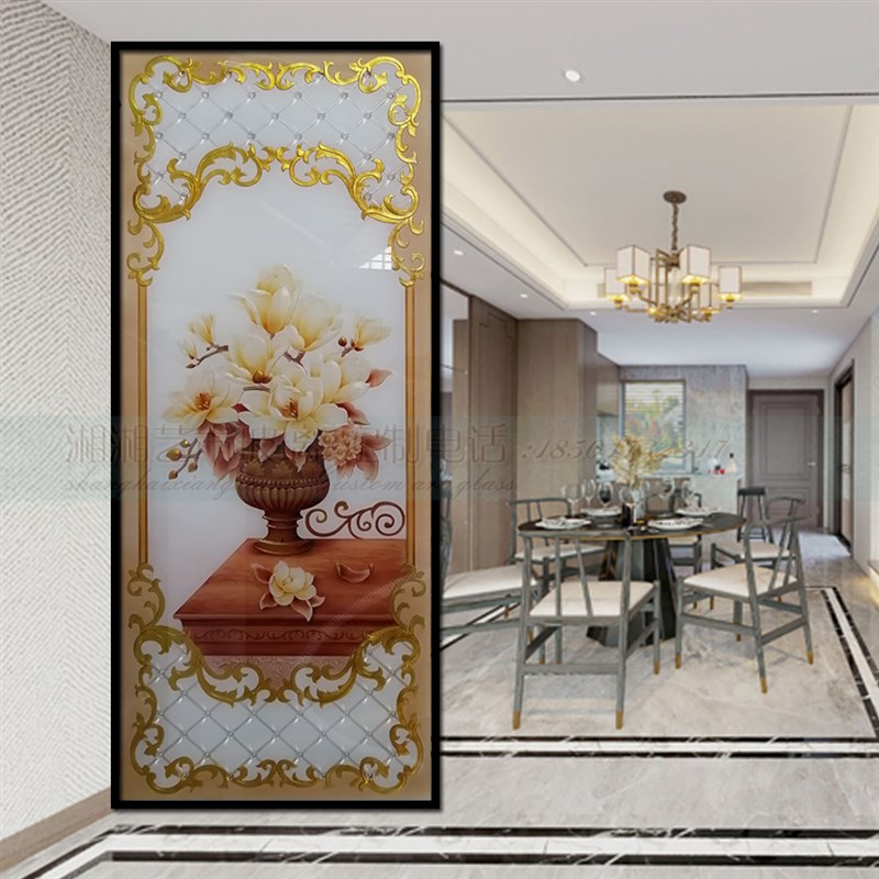 定做欧式屏风隔断中式玄关背景墙装饰玻璃雕刻浮雕钢化彩色玻璃