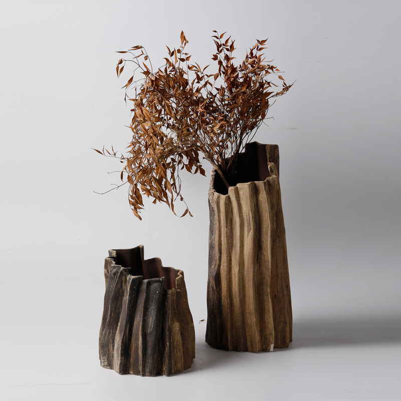 复古侘寂风做旧仿朽木陶瓷花瓶摆件酒店民宿客厅玄关创意花器装饰