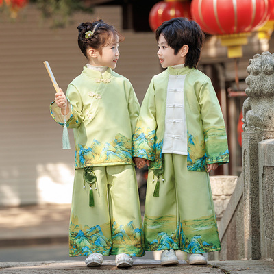 中国风男童汉服秋冬季加绒套装儿童唐装女童古装加厚元旦演出服装