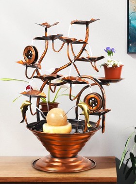 创意招财纯铜流水客厅办公室装饰摆件桌面循环水新中式送礼品开业