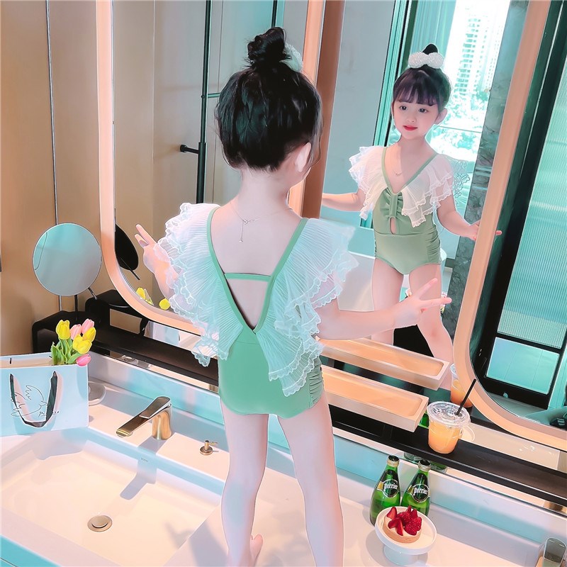 儿童荷叶边泳衣夏款2024新款小童连体泳装女童游泳服比基尼度假风