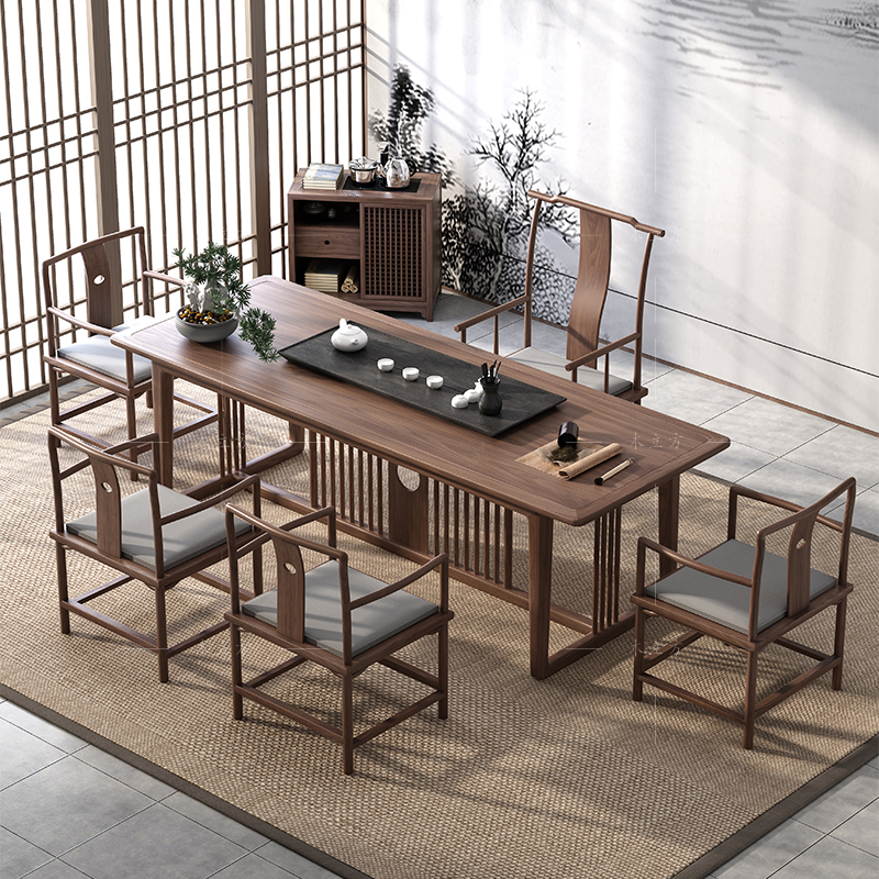 新中式实木茶桌椅组合茶室泡茶台茶桌北美黑胡桃木办公室书房书桌