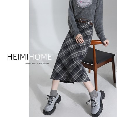 格纹A字半身裙女秋冬加厚直筒毛呢格子裙高腰小个子后开叉包臀裙