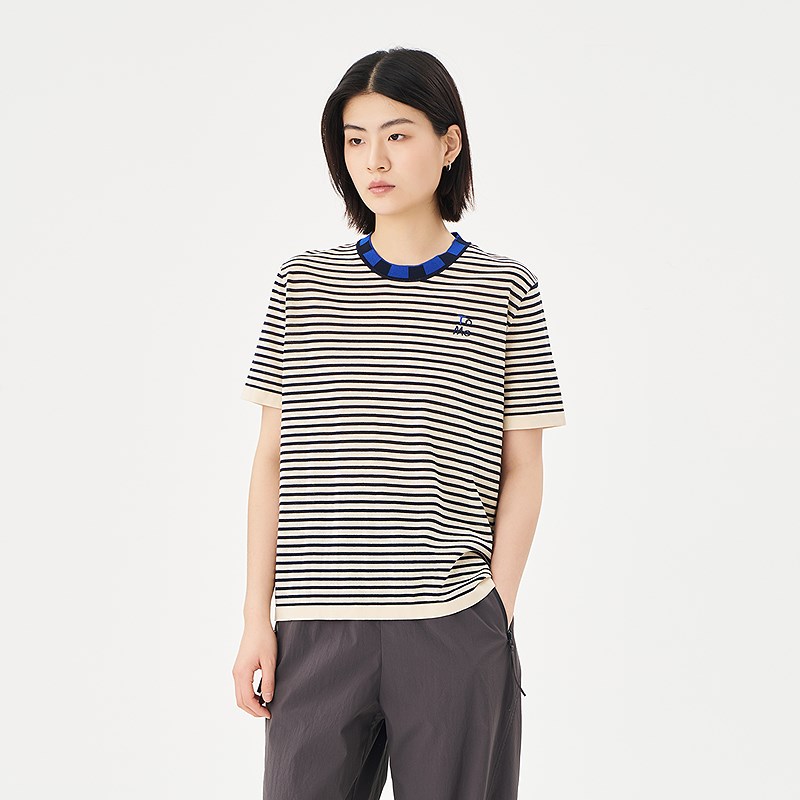 OTT2025夏季新款撞色圆领条纹套头针织衫女宽松休闲短袖毛衫上衣