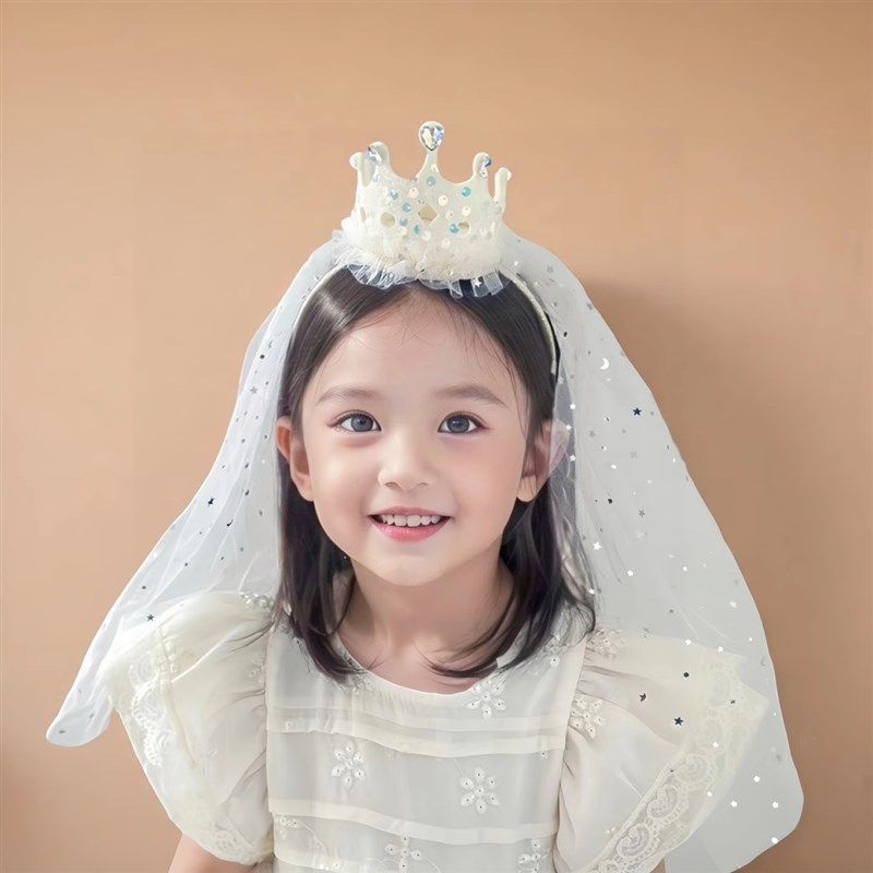 女宝生日头饰闪亮高级感儿童头纱发箍可爱皇冠发卡女孩披纱发饰品