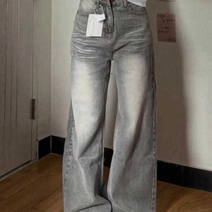 宽松高腰显瘦直筒长裤 大码 女装 vibe复古做旧磨白阔腿牛仔裤 子 美式