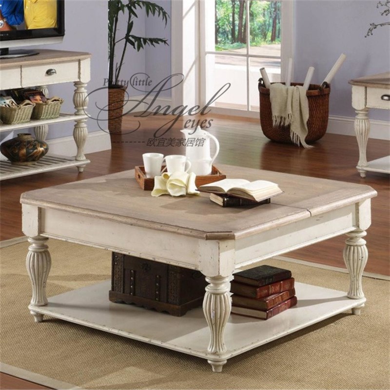 美式实木茶几带抽无门整装长方形茶几法式复古做旧客厅茶几可定制