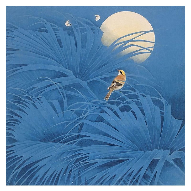 日式侘寂风月亮装饰挂画中古风蝴蝶麻雀客厅玄关手绘油画桌面摆件图片