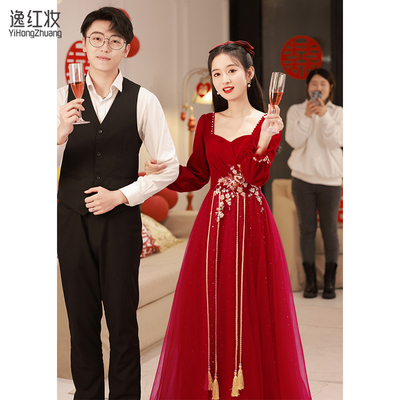 中式敬酒服旗袍2022新款回门服新娘冬季孕妇披肩订婚礼服高级感女