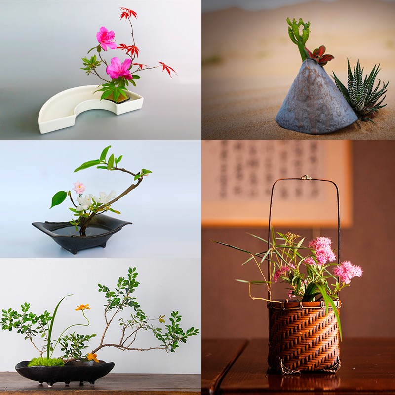 日式花道剑山插花陶瓷器皿花器水盘黑色斗笠碗小原流插花器套装