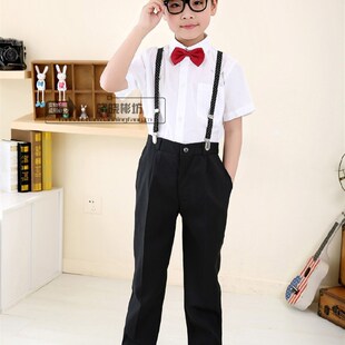 儿童背带西裤 黑色长裤 短袖 西装 花童演出服 白色衬衫 男童表演套装