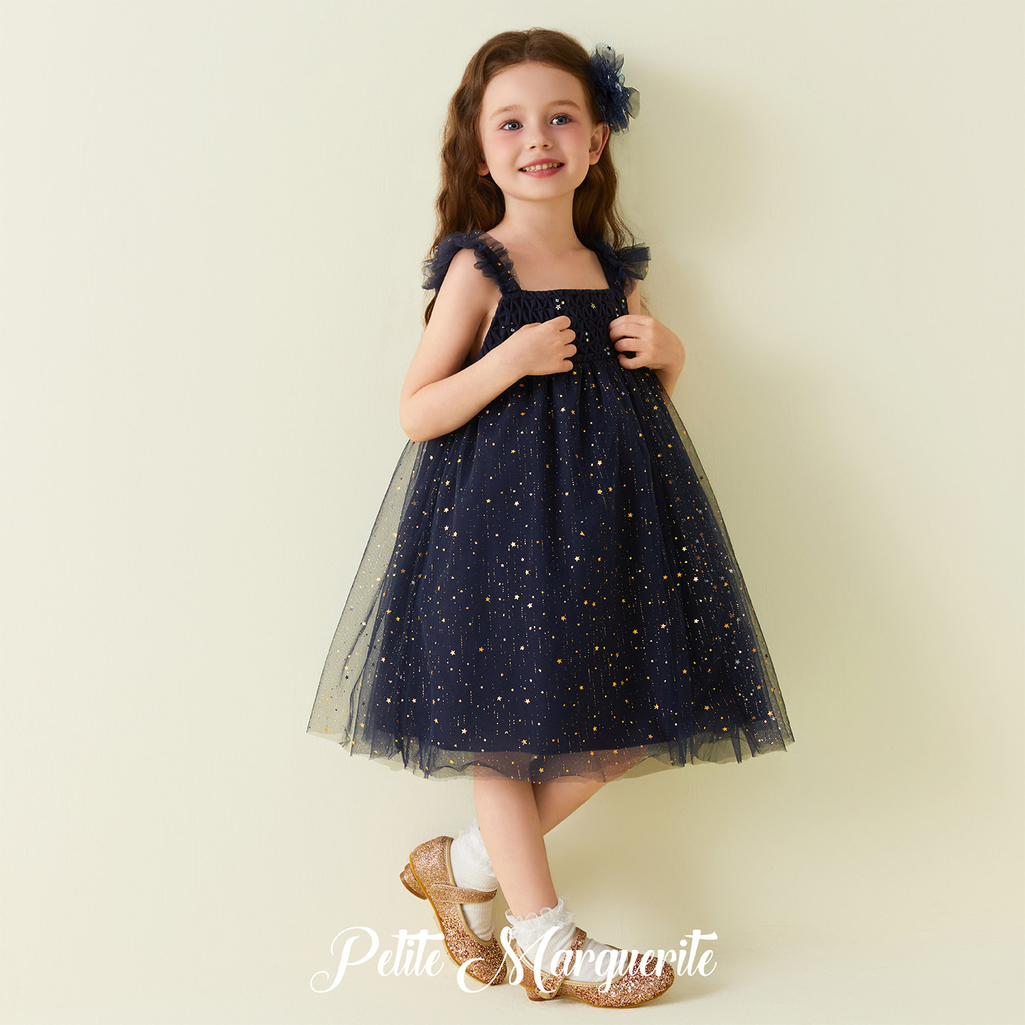 Petite Marguerite小雏菊童装· 藏青色星空蜂巢褶