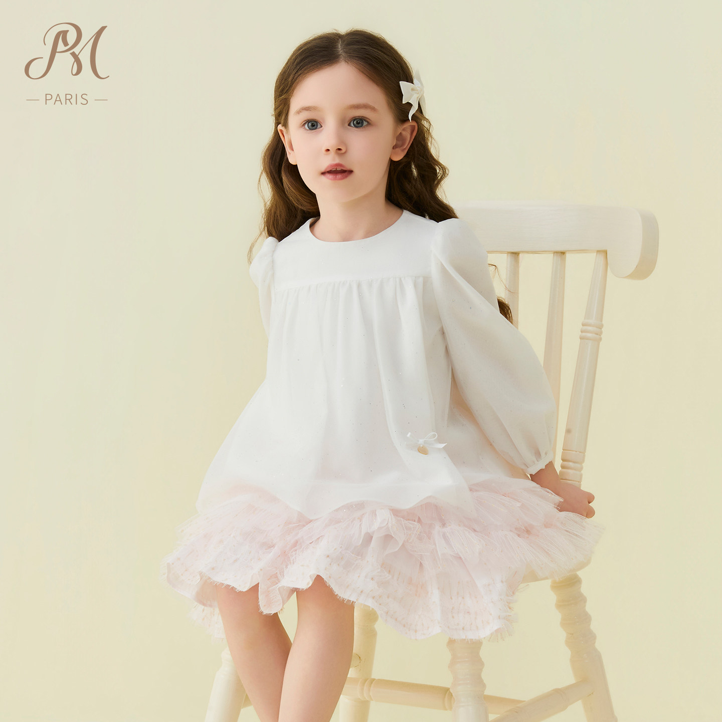 Petite Marguerite小雏菊童装·白色烫片网纱长袖衬