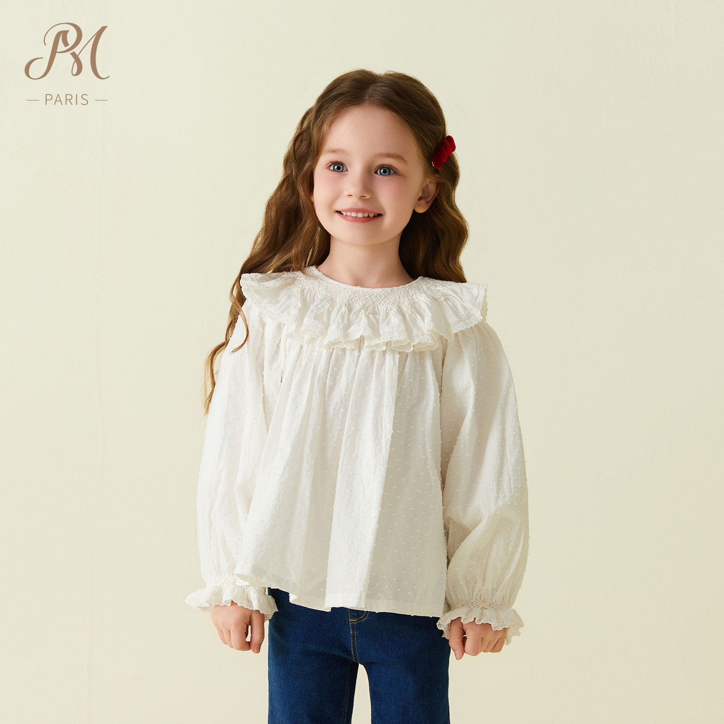 Petite Marguerite小雏菊童装·手工缩褶绣提花衬衫
