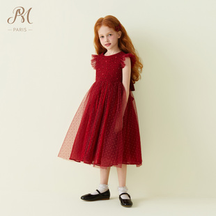赵禹睿同款|Petite Marguerite小雏菊童装·红色蜂巢褶钉花连衣裙