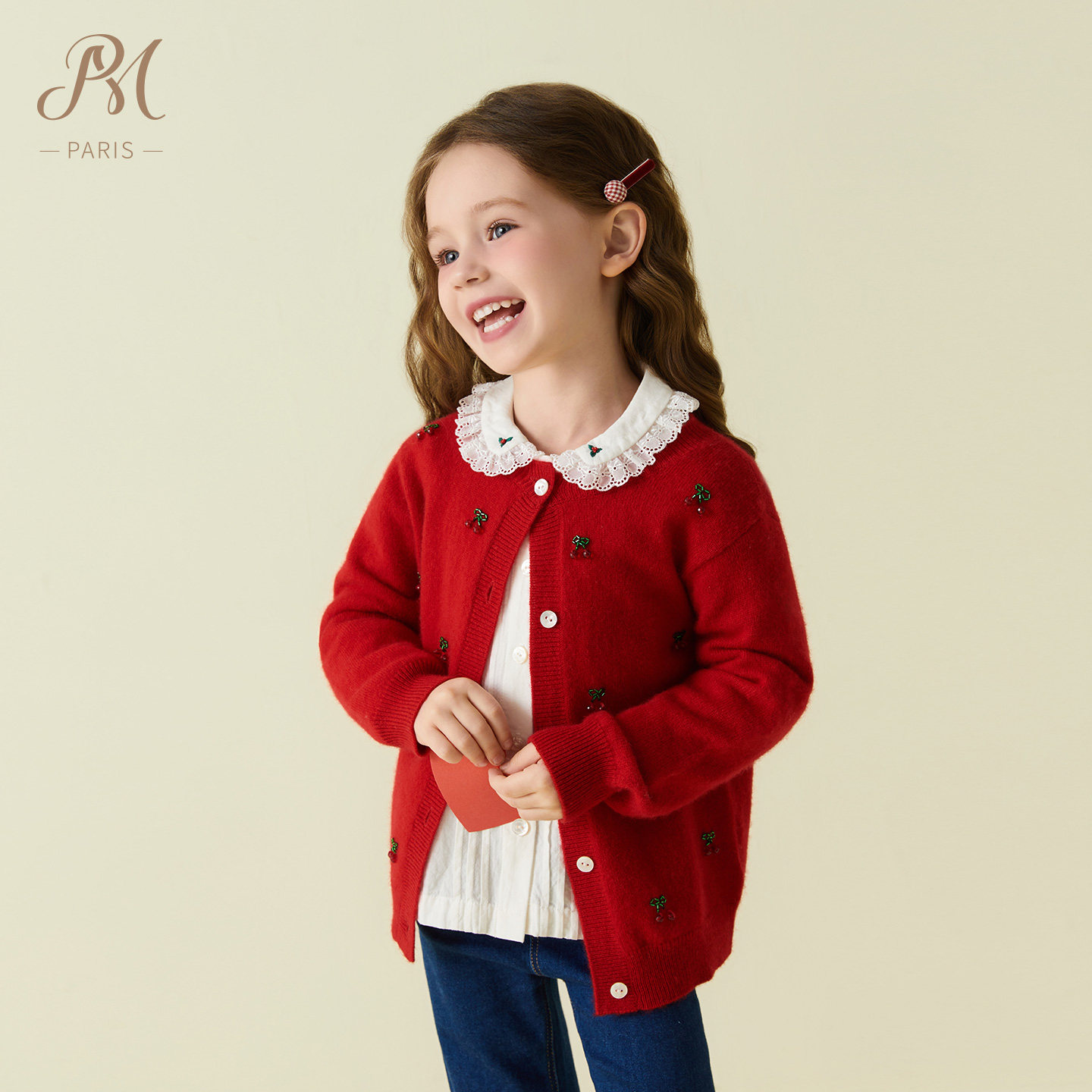 Petite Marguerite小雏菊童装红色钉珠羊毛开衫法式