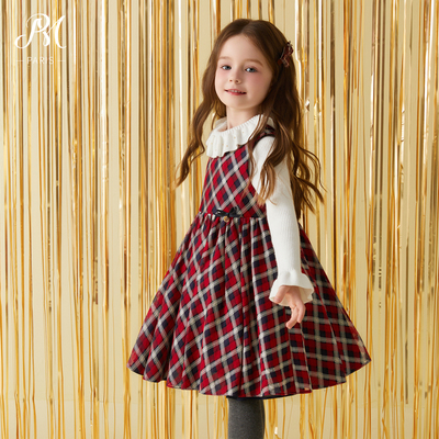 小雏菊PM童装红色格子女童背心裙