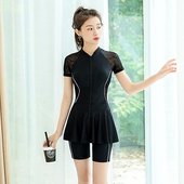 保守温泉度假泳装 大码 短袖 分体五分平角裤 泳衣女胖MM遮肚显瘦裙式