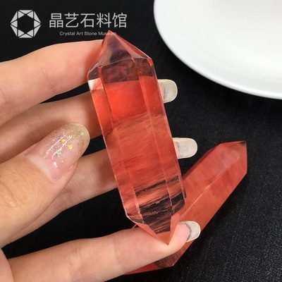 人造红水晶双尖水晶柱红熔炼石六棱柱摆件家居装饰红水晶柱吊坠