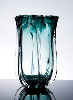 简约厚重绿色琉璃花瓶褶皱口艺术插花摆件轻奢客厅办公室鲜花装饰