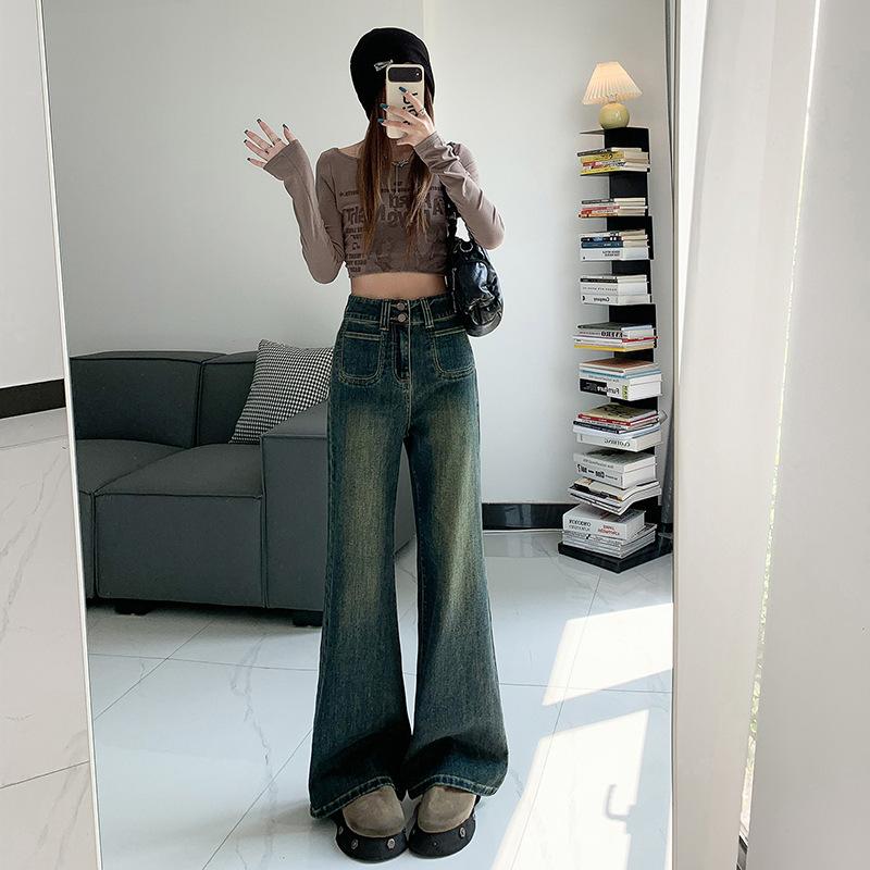复古高腰阔腿牛仔裤女春秋2025新款高腰显瘦设计感春装拖地直筒裤