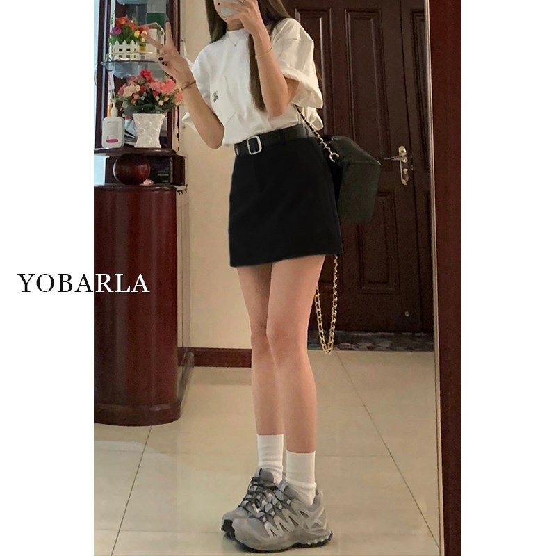 黑色休闲西装短裙女夏季大码胖mm高腰显瘦梨形身材遮胯a字半身裙