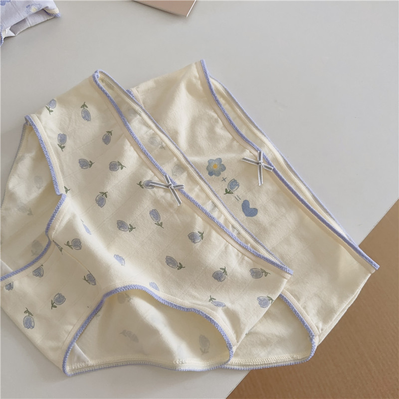 5条A类婴儿棉蓝肤色内裤女纯棉2023新款可爱碎花格子少女三角短裤