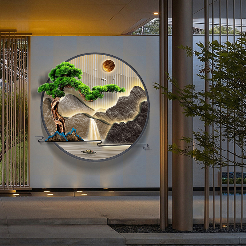 中式入户玄关轻奢挂画装饰画背景墙迎客松挂件山水画圆形庭院户外图片