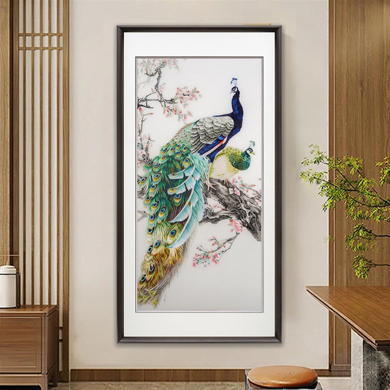 苏绣成品纯手工新中式刺绣挂画孔雀客厅背景墙书房玄关走廊装饰画图片