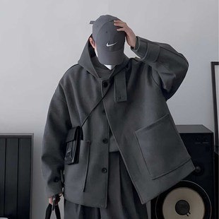 连帽休闲毛呢外套男士灰色秋冬款宽松韩系复古小众港风加厚呢大衣