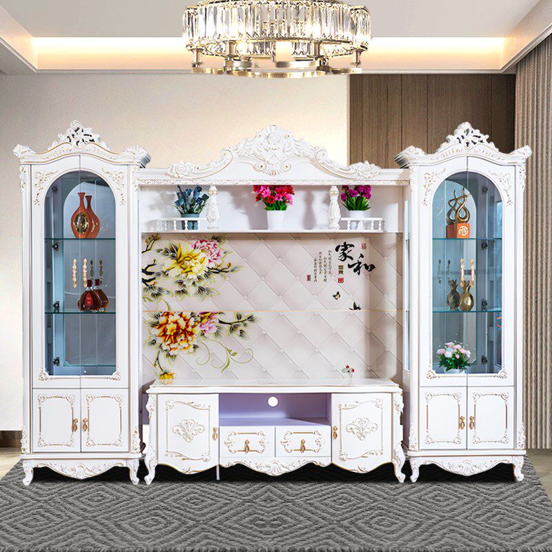 欧式电视机柜背景墙组合客厅酒柜储物柜家用影视柜地柜一体奢华白