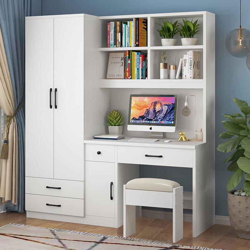 小户型家用台式电脑桌书架一体衣柜组合加卧室儿童学生书桌带柜子