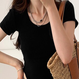 纯欲系圆领多色短袖t恤女低领螺纹修身百搭漏锁骨上衣夏季打底衫