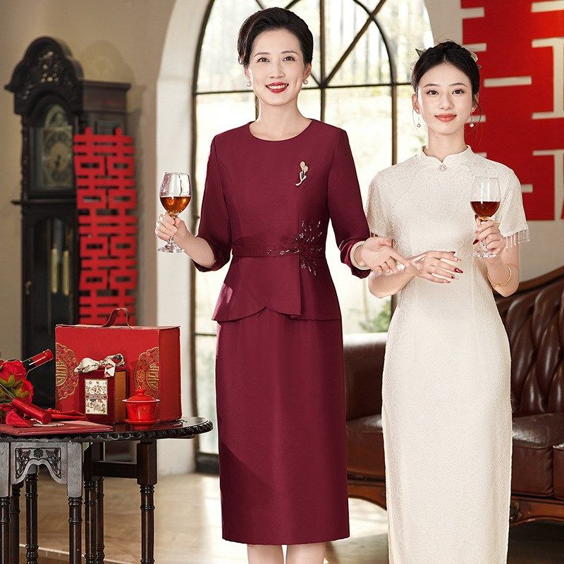 喜婆婆婚宴装春夏季高端年轻妈妈结婚礼服丈母娘长袖喜服连衣裙