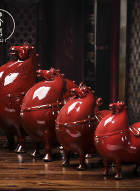 马摆件 陶瓷工艺品风水招财客厅家居小饰品 创意可爱红色唐马摆件