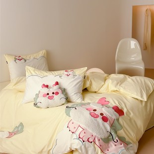 龙年新款 全棉水洗棉四件套纯棉可爱卡通刺绣床单被套双人裸睡床品