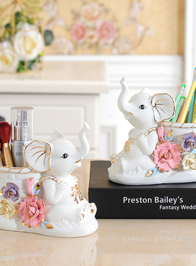 创意陶瓷大象摆件家居装饰品笔筒收纳小摆设书桌办公桌面实用饰品