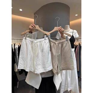 松紧腰抽绳亚麻五分裤 薄款 子 女2025夏休闲 白色棉麻阔腿短裤