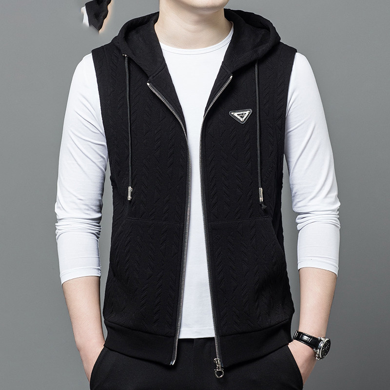 中年男士连帽背心背心春秋季薄款无袖卫衣中青年外套宽松休闲上衣