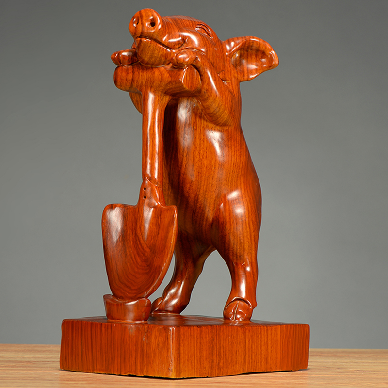 花梨木雕奋斗猪摆件家居客厅玄关寓意装饰猪年实木工艺品开业送礼