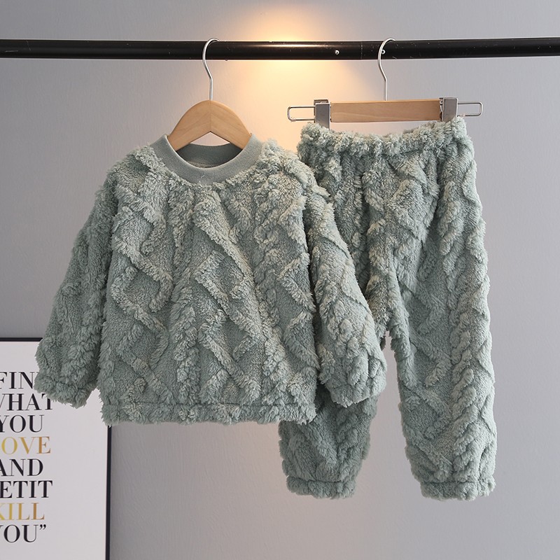 秋冬新款法兰绒儿童睡衣套装男童女孩宝宝中小童套头家居服加厚款