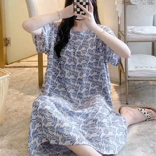 绵绸中裙大码 睡衣家居连衣裙高级感甜美短袖 居家 薄款 棉绸睡裙夏季