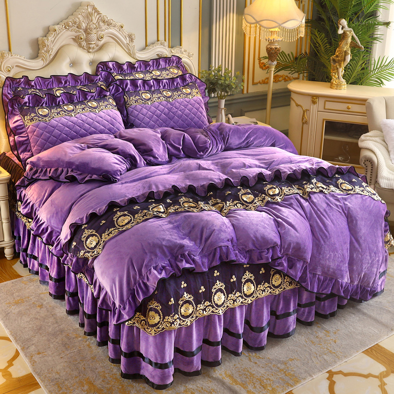 水晶绒保暖床裙四件套加厚夹棉床套防滑床罩短毛绒双人被套冬床品