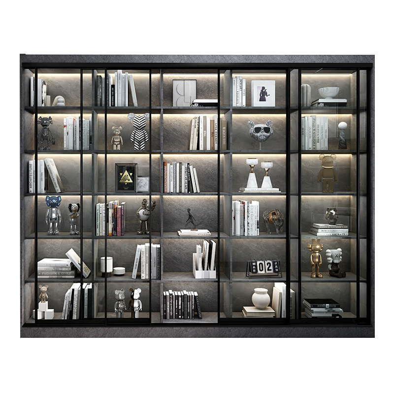 家用轻奢移门书柜推拉玻璃门展示柜书架落地收纳柜实木书橱储物柜